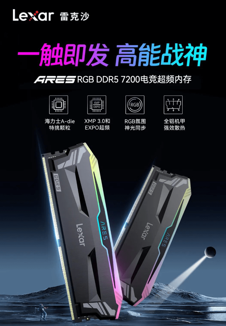 雷克沙 ARES RGB DDR5 7200 内存条上市，16GB×2 首发价 1099 元